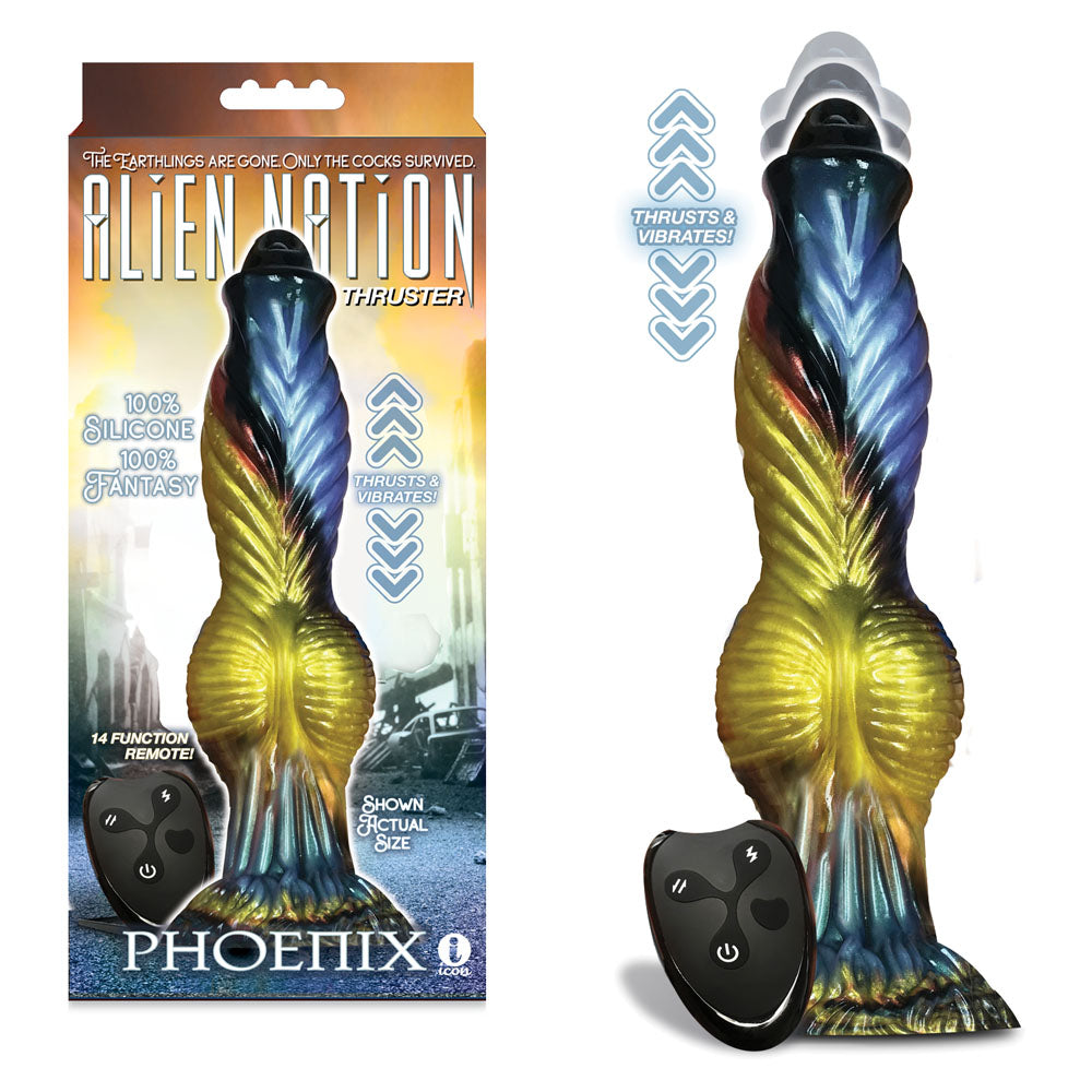Alien Nation - Phoenix - Gold/Blue & Black 25.4 cm USB Rechargeable Thrusting Fantasy Dong with Remote Icon Brands